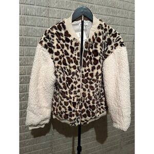 Miracle USA Leopard Print Sherpa Sleeve Bomber Jacket Beige Womens Size M